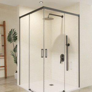 MAMPARA DUCHA ANGULAR 2 FIJOS + 2 CORREDERAS BLACK GUN METAL MODELO STYLO