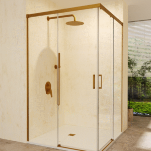 MAMPARA DUCHA ANGULAR 2 FIJOS + 2 CORREDERAS ORO CEPILLADO MODELO STYLO
