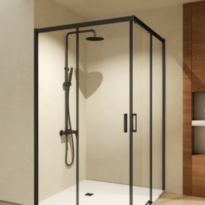 MAMPARA DUCHA ANGULAR 2 FIJOS + 2 CORREDERAS NEGRO MATE MODELO EASY