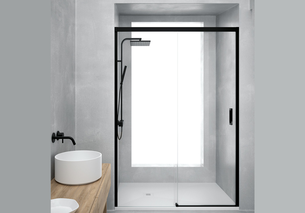MAMPARA DUCHA NEGRO MATE FRONTAL CORREDERA MODELO PRYMER